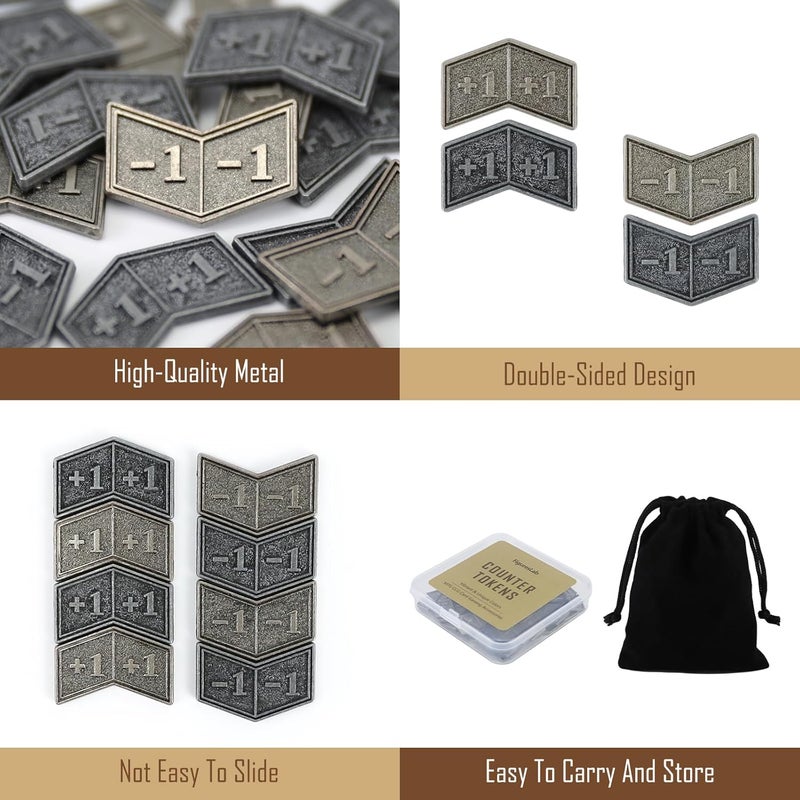 FIGURESLAB Store 48Pcs MTG Antique Metal Buff Counter Tokens & MTG Keyword/Counters Dice Set, Magic Creature Stats or Loyalty Counter for TCG Card Gaming Accessories with Velvet Bag & Box - Image 4